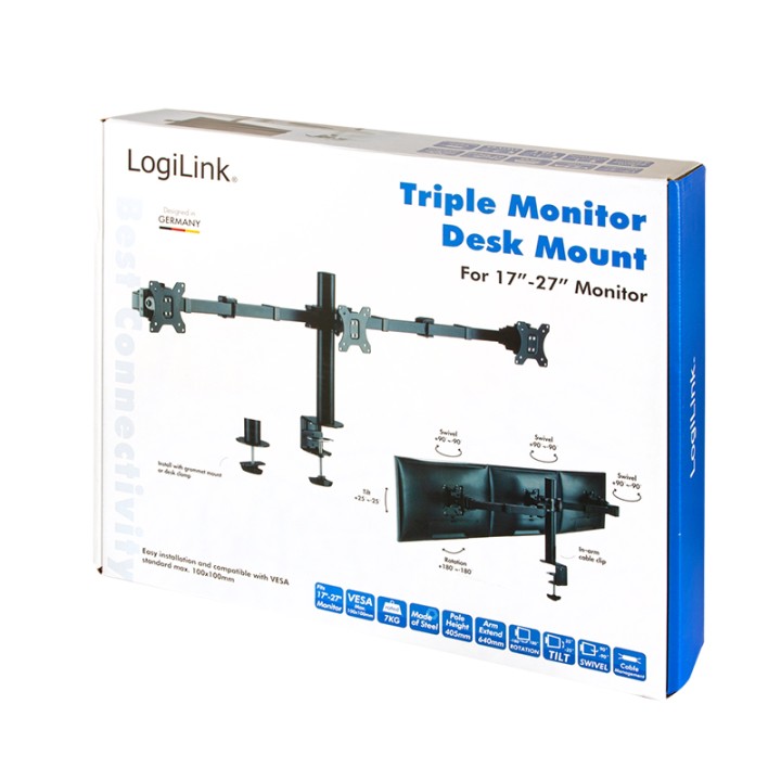 Suporte triplo para monitores de 17 a 27 polegadas, com capacidade de 7 kg por braço.