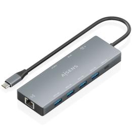 Aisens ASUC-9P051-GR USB-Typ-C-Dockingstation / 1x DisplayPort / 1x HDMI 4K / 4x USB / 1x USB-Typ-C / 1x RJ45 / 1x USB-Typ-C PD 