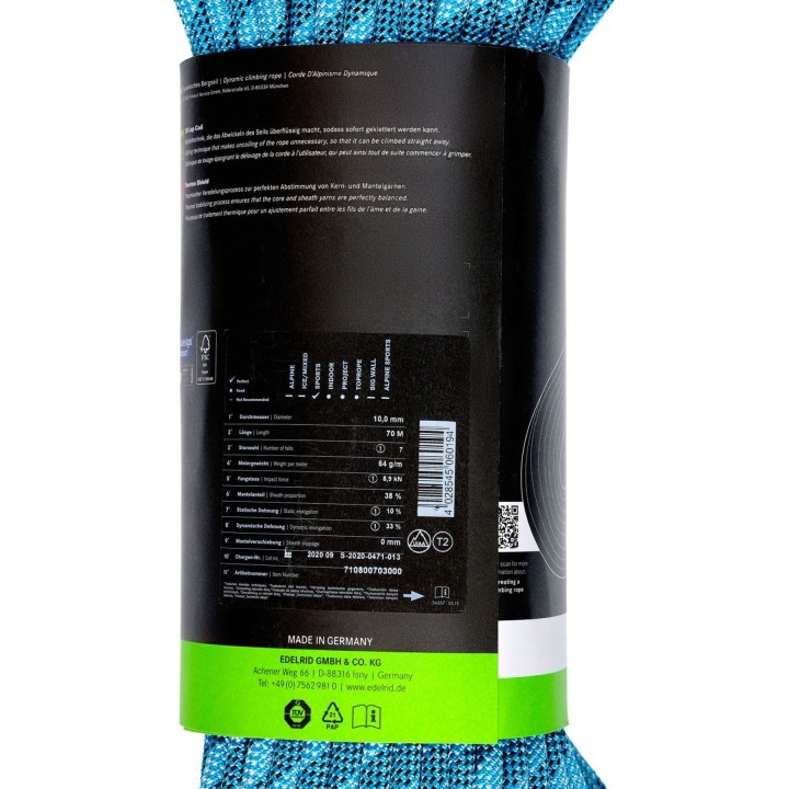 Corde d'escalade dynamique Edelrid Python 0001938300002993 10 mm 70 m Bleu