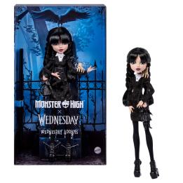 Monster High: muñeca coleccionable de Wednesday Addams con vestido negro y accesorio «Cosa».