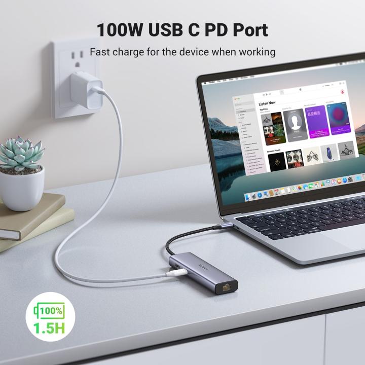 Concentrador Ugreen USB-C con 2 puertos USB 3.0, HDMI, RJ-45, SD y TF, y PD