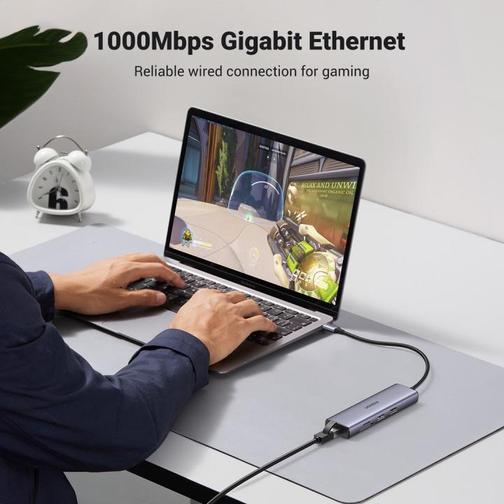 Concentrador Ugreen USB-C con 2 puertos USB 3.0, HDMI, RJ-45, SD y TF, y PD