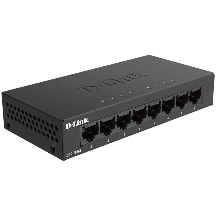 D-Link DGS-108 switch Gigabit de 8 portas em metal preto