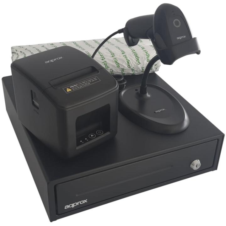 Pacchetto per POS Approx appPOSPACK3380USB / Cassetto portamonete + stampante termica per scontrini + lettore di codici a barre 
