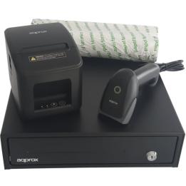 Pack para TPV Approx appPOSPACK3380USB-2D/ Cajón Portamonedas + Impresora Térmica de Tickets + Lector de Códigos + Rollos Térmic