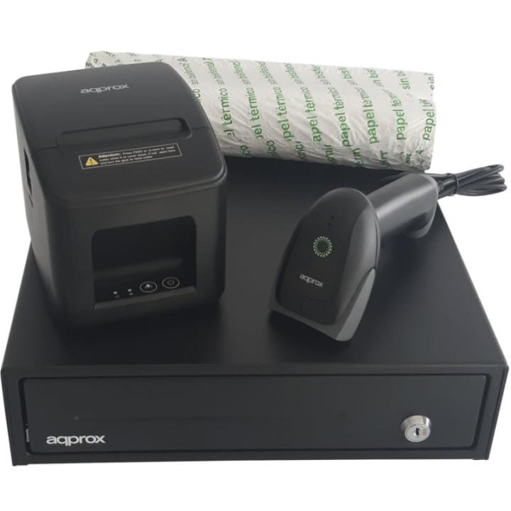 Kit pour TPV Approx appPOSPACK3380USB-2D / Tiroir-caisse + imprimante thermique de tickets + lecteur de codes-barres + rouleaux 