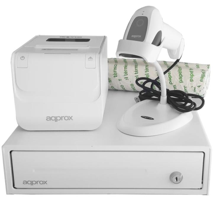 Kit pour terminal de point de vente Approx appPOSPACK3380WH / Tiroir-caisse + imprimante thermique de tickets + lecteur de codes