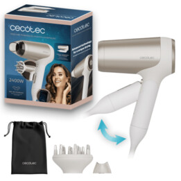 Cecotec Power&go Heaven Champagne Hair Dryer 2000W Foldable with Real Ionic Technology and Pro Style, Precision Nozzle, Diffuser