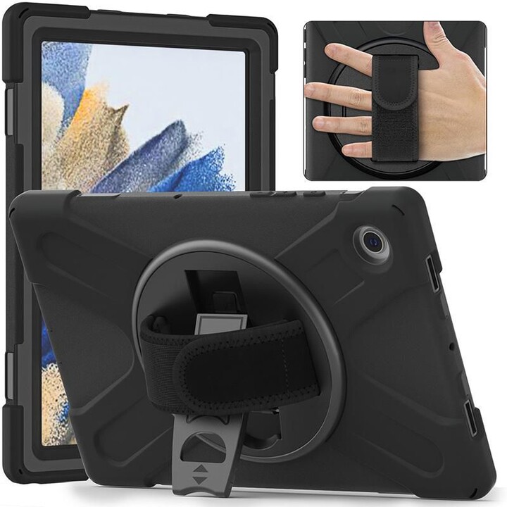 Funda ESTUFF para Samsung Galaxy Tab A8 10.5, negra, con soporte giratorio 360°, correa de hombro y mano, resistente a caídas de