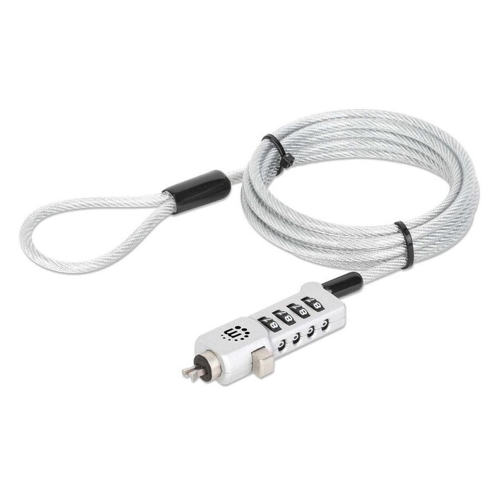 Manhattan 440301 Antivol à combinaison universel pour ordinateurs portables, câble en acier 1,8 m et 4,5 mm, compatible Kensingt