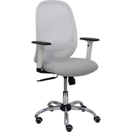Chaise de Bureau Piqueras y Crespo Cilanco, Dossier en Maille Blanche, Assise Bali Gris Clair, Accoudoirs Réglables, Base Chromé
