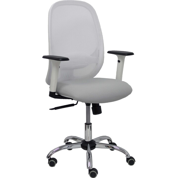 Sedia da Ufficio Piqueras y Crespo Cilanco, Schienale in Rete Bianca, Seduta Bali Grigio Chiaro, Braccioli Regolabili, Base Crom