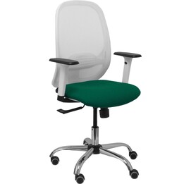 Chaise Piqueras y Crespo Cilanco dossier en maille blanche, assise Bali vert bouteille, accoudoirs réglables, base chromée et ro
