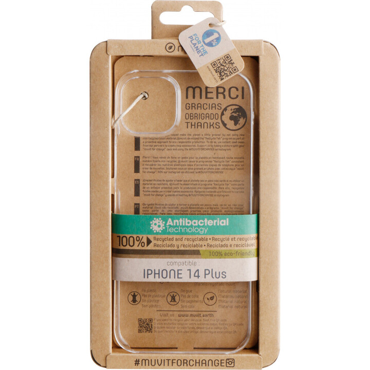 Capa Recycletek compatível com o Apple iPhone 14 Plus, transparente e antibacteriana