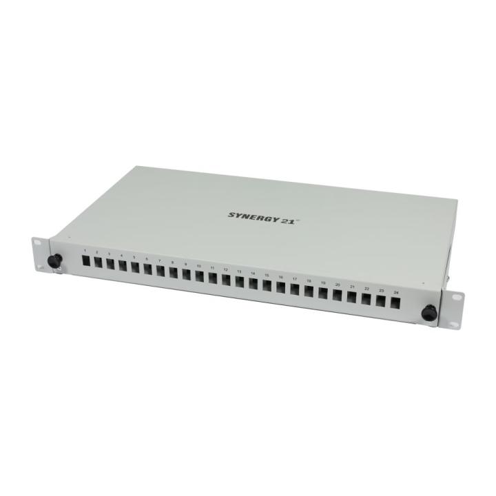 Fiber Optic Patch Panel Splicing Box, 19", 24x LC Duplex Jacks, OM3, 50/125μm Multimode, incl. pigtails, Light Gray, Synergy 21,