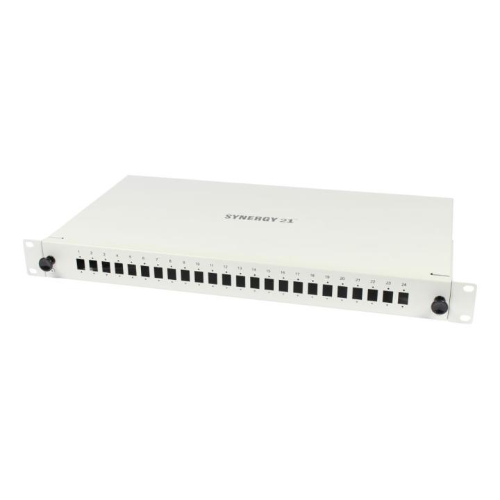 Fiber Optic Patch Panel Splicing Box, 19", 18x LSH (E2000APC) Simplex Jacks, OS2, 9/125μm Single-Mode, incl. pigtails, Light Gra