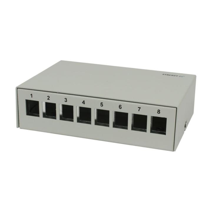 8xTP Patch Panel, CAT6A, includes Keystone jacks, slim-line (20 mm), surface-mounted metal, light gray, Synergy 21,