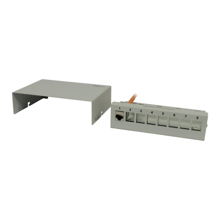 8xTP Patch Panel, CAT6A, incl. Keystone, short with cable clamp, surface-mount metal, light gray, Synergy 21,