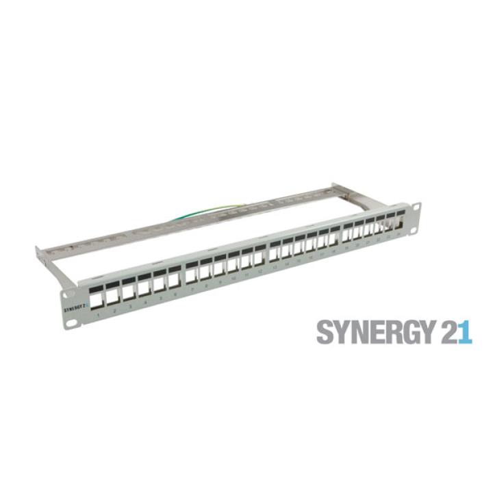 24xTP Patch Panel, CAT6A, includes slim-line Keystone jacks with cable clamps, 19", 1U (t152mm), light gray, Synergy 21,