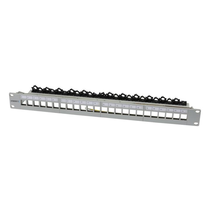 24xTP Patch Panel, CAT6A, includes slim-line Keystone jacks with cable clamps, 19", 1U (depth 94 mm) with cable clamps, light gr