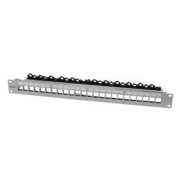Patch Panel 24xTP,CAT6A, incl.Keystone Slim-line/Short mit Staubschutzklappe, 19", 1HE(t 94mm) mit Kabelklemme, Lichtgrau, Syner