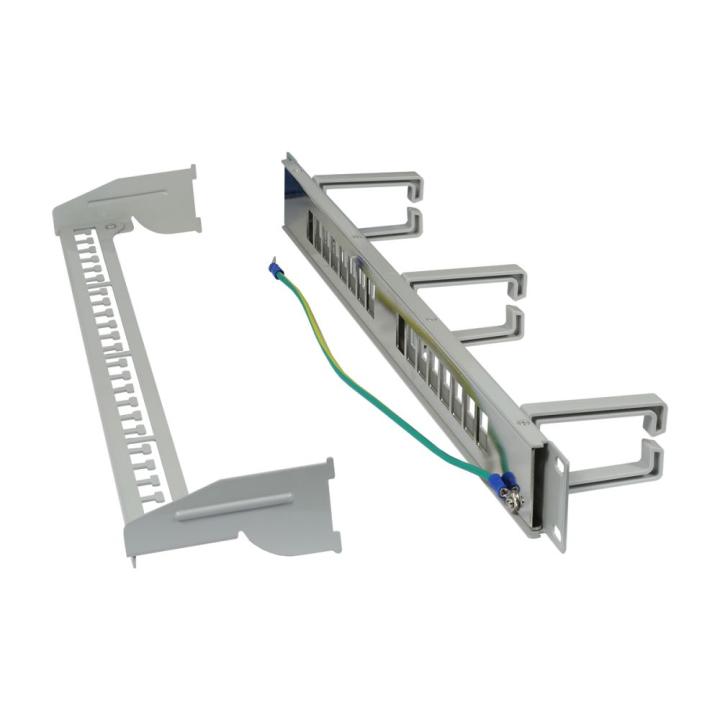 16xTP Patch Panel, CAT6A, incl. Slim-line Keystone, 19", 1U (depth 92 mm) with cable clip, Light Gray, Synergy 21,