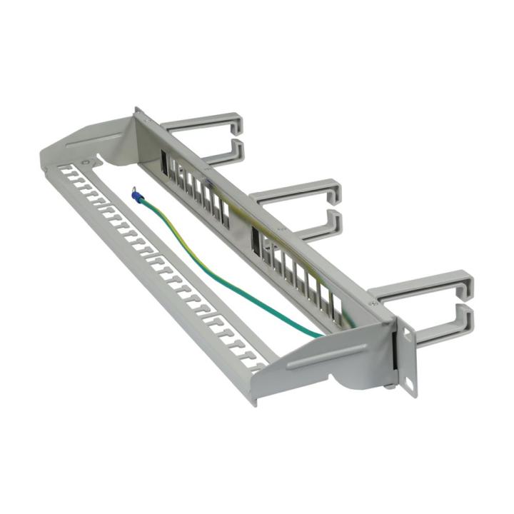 16xTP Patch Panel, CAT6A, includes short keystone jacks with cable clamps, 19", 1U (depth 92 mm) with cable brackets, light gray