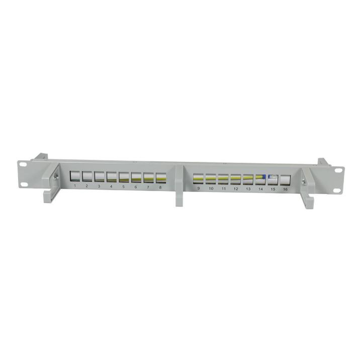 16xTP Patch Panel, CAT6A, includes Slim-line/Short Keystone jacks with dust covers, 19", 1U (depth 92 mm) with cable clip, light