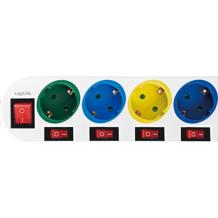 Outlet strip, 4 safety sockets, with a switch for each socket, multicoloured