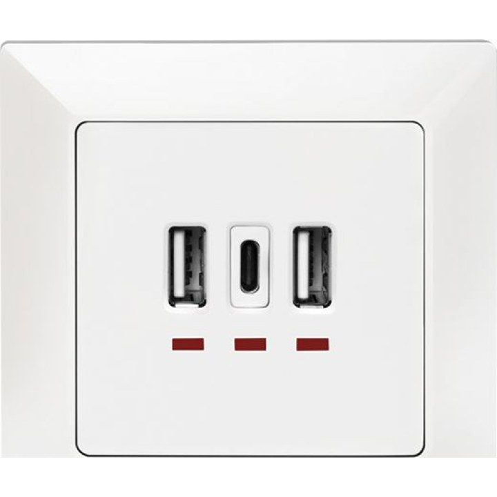 Flush-mounted socket, 2x USB-A, 1x USB-C