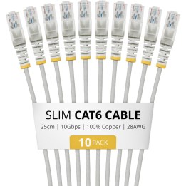 STARTECH.COM 25cm Gray Slim CAT6 Cable 10 Pack Snagless 100W PoE UTP LSZH 28AWG Pure Bare Copper Wire Slim RJ45 Network Patch Co