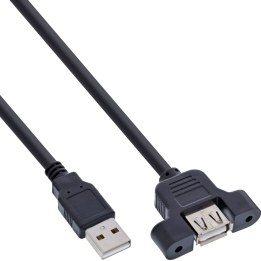 USB 2.0 cable, Type A plug to Type A panel-mounted socket, 0.6 m, black, with bracket for screw-fixing the panel-mounted socket