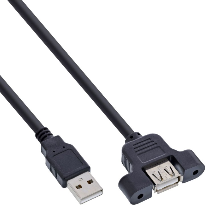 USB 2.0 cable, Type A plug to Type A panel-mounted socket, 0.6 m, black, with bracket for screw-fixing the panel-mounted socket