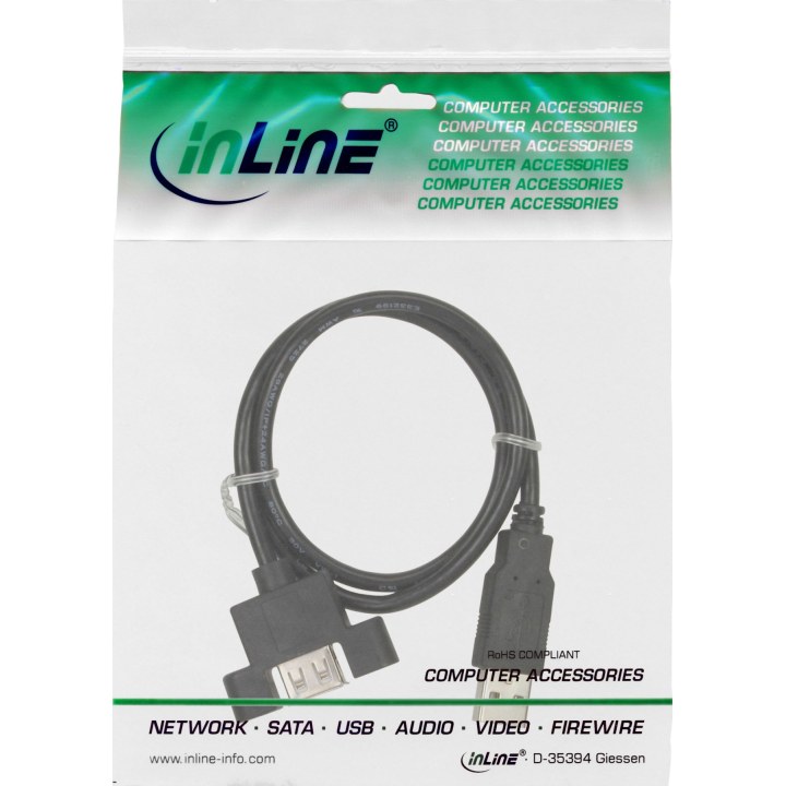 USB 2.0 cable, Type A plug to Type A panel-mounted socket, 0.6 m, black, with bracket for screw-fixing the panel-mounted socket