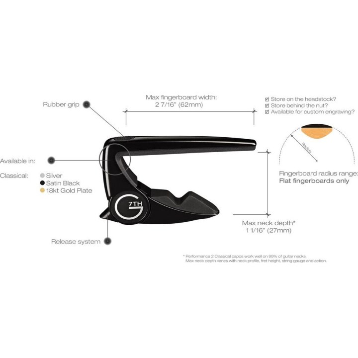 G7th Performance 2 Classical Satin Black – capo for classical and flamenco guitars