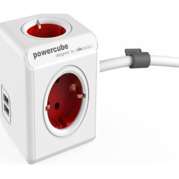 Powercube Original 2 USB + 4 Sockets, 1.5m Cable + Stand. Power Strip, Colour: White/Red
