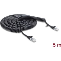 RJ45 coiled cable, plug-to-plug, Cat.5e, 5 m, black