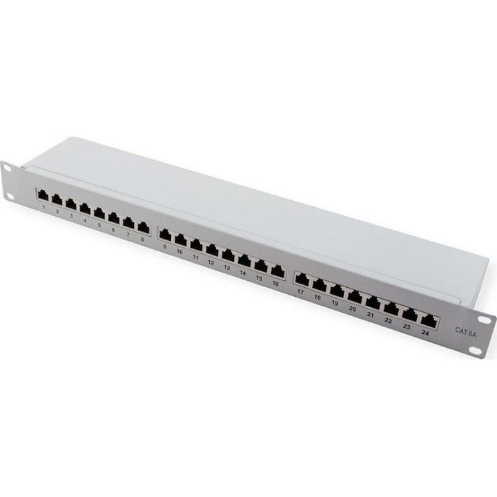 Cat 6A Class EA 19 patch panel, 24-port, shielded, grey
