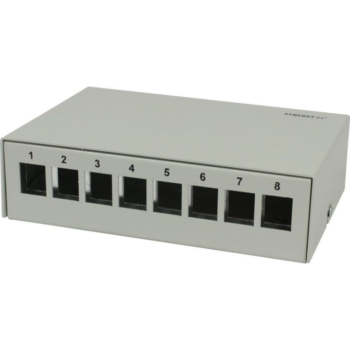 Patch Panel 8xTP, CAT6A, incl.Keystone groß, Aufputz Metall, Lichtgrau, Synergy 21,