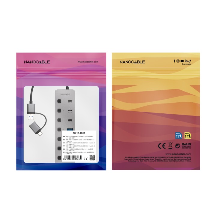 NANOCABLE 10.16.4510 Hub USB-C+USB-A/M a 4xUSB-A + 3xUSB-C 3.0 + USB-C 5V, plata