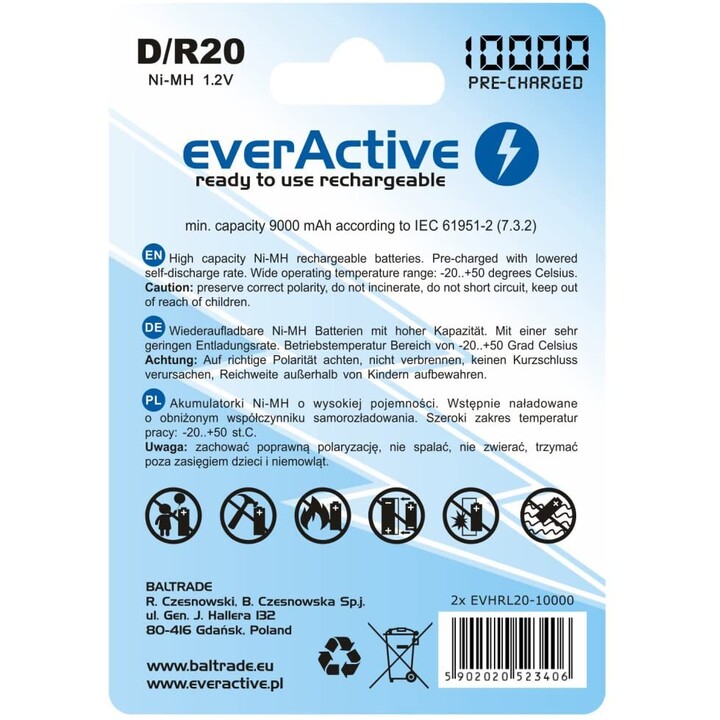 Rechargeable Batteries everActive R20/D Ni-MH 10000 mAh ready to use