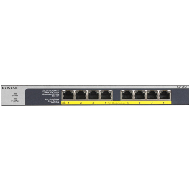 Netgear GS108LP Non-géré Gigabit Ethernet (10/100/1000) Noir, Gris 1U Connexion Ethernet, supportant l'alimentation via ce port 