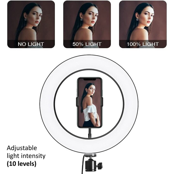 Maclean MCE610 10" 12W LED Ring Light with Tripod Stand and Bluetooth Shutter 3 Colours 10 brightness levels 10% -100% Adjus