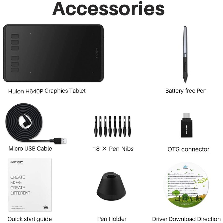 HUION H640P tableta digitalizadora 5080 líneas por pulgada 160 x 99 mm USB Negro