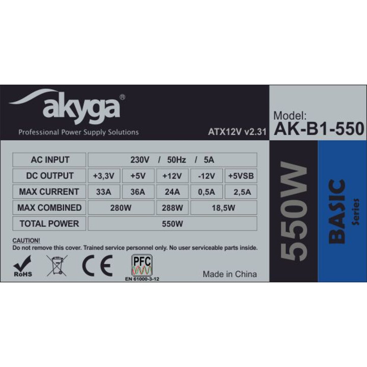 Akyga AK-B1-550 unidad de fuente de alimentación 550 W 20+4 pin ATX ATX Gris