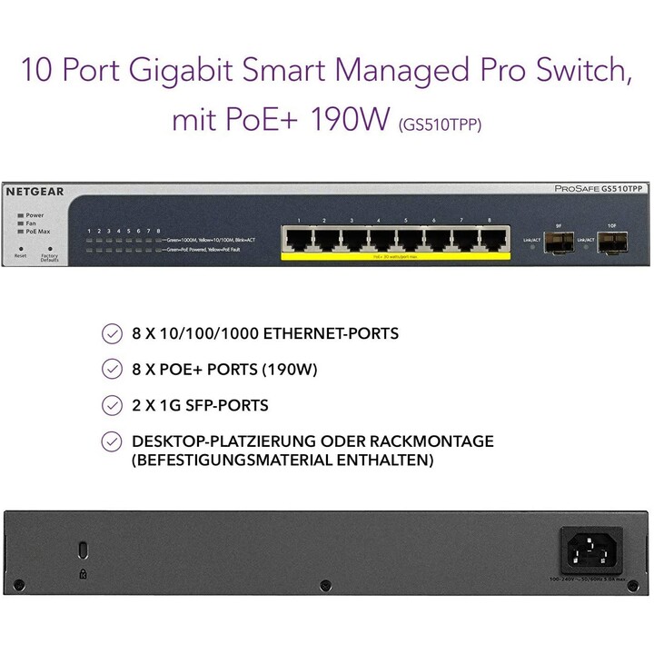 Netgear GS510TPP Managed L2 / L3 / L4 Gigabit Ethernet (10/100/1000) Power over Ethernet (PoE) Nero