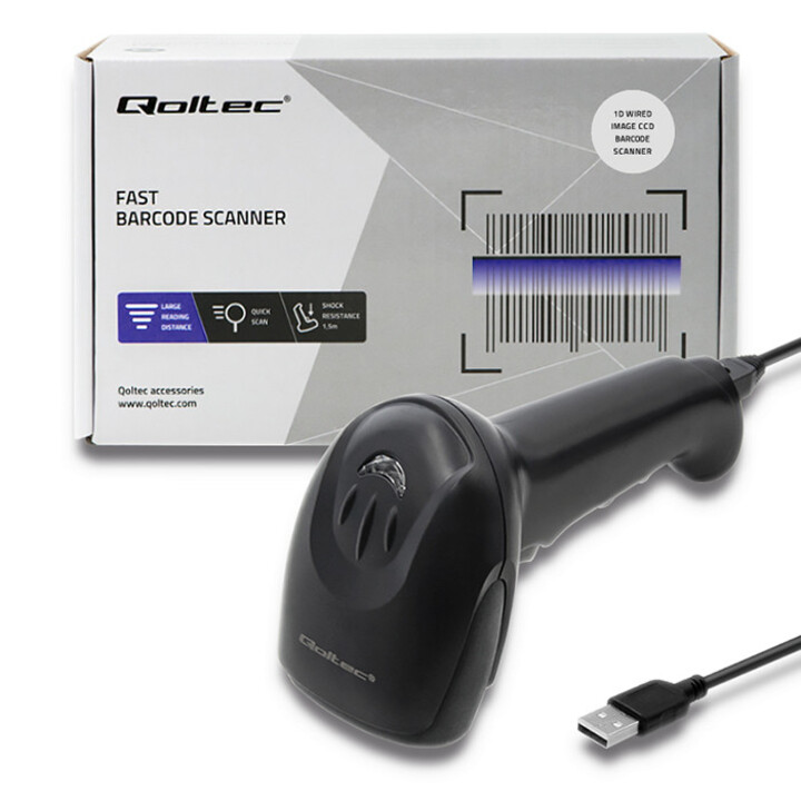 Qoltec 50866 1D Laser Barcode Reader | CCD | USB | Black
