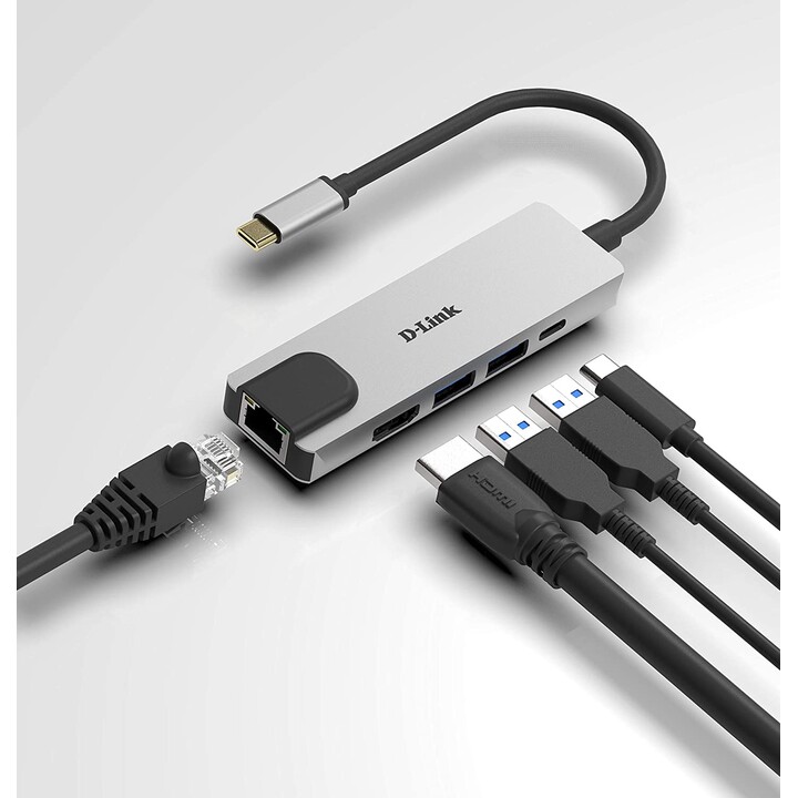 D-Link 5-In-1 USB-C hub with HDMI / Ethernet and USB-C Thunderbolt 3 docking station (up to 60W charging connection DUB-M520)