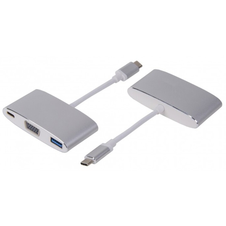 USB-C (m) to VGA & USB 3.0 (f) & USB-C charging Multiport Adapter, aluminium, silver
