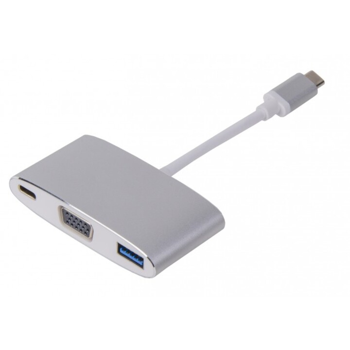 Adaptateur multiport de chargement USB-C (m) vers VGA & USB 3.0 (f) & USB-C, aluminium, argent